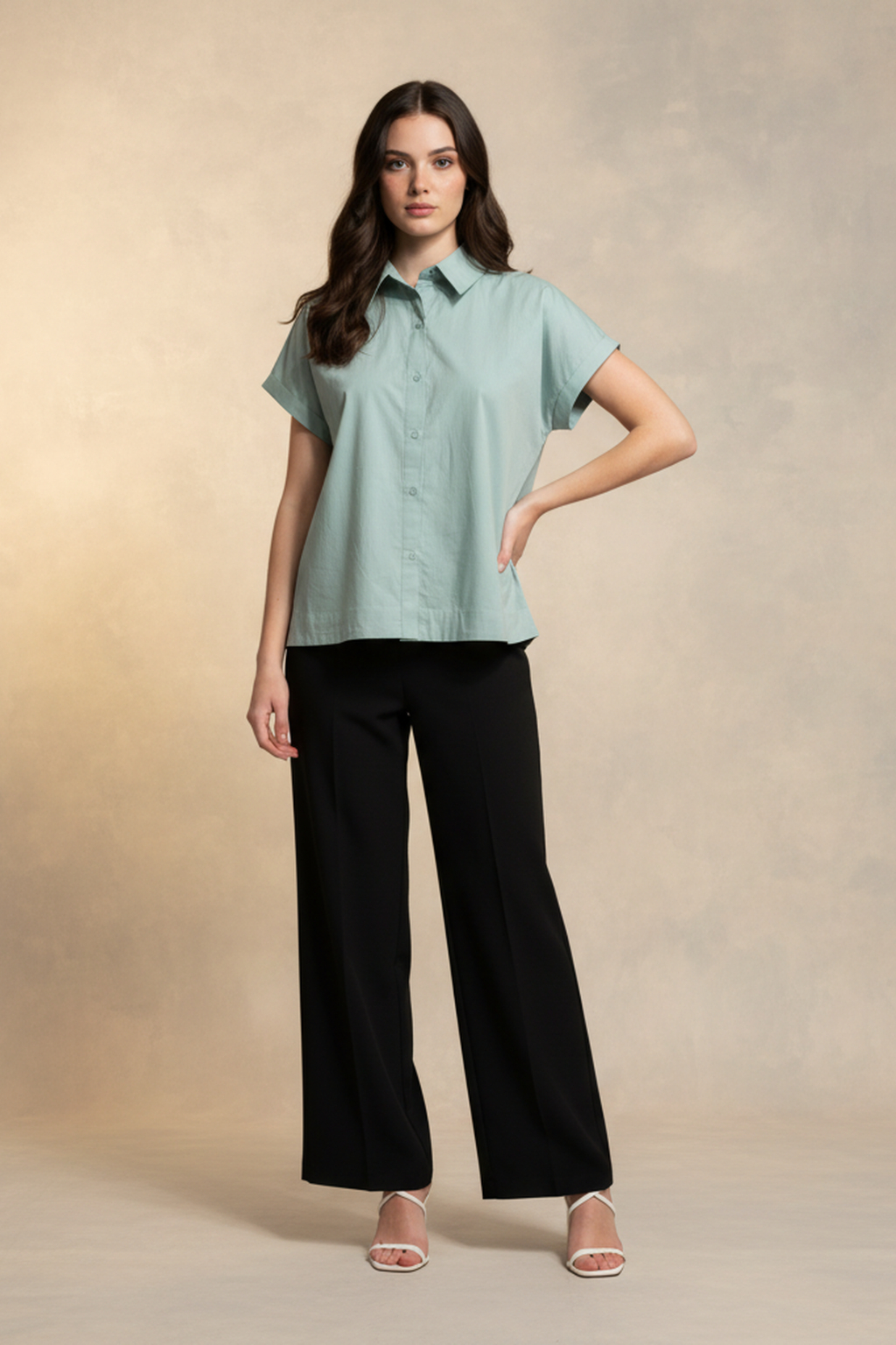 Women’s Sage Green Short-Sleeve Cotton Shirt – Button-Down, Relaxed Fit, Casual Summer Top