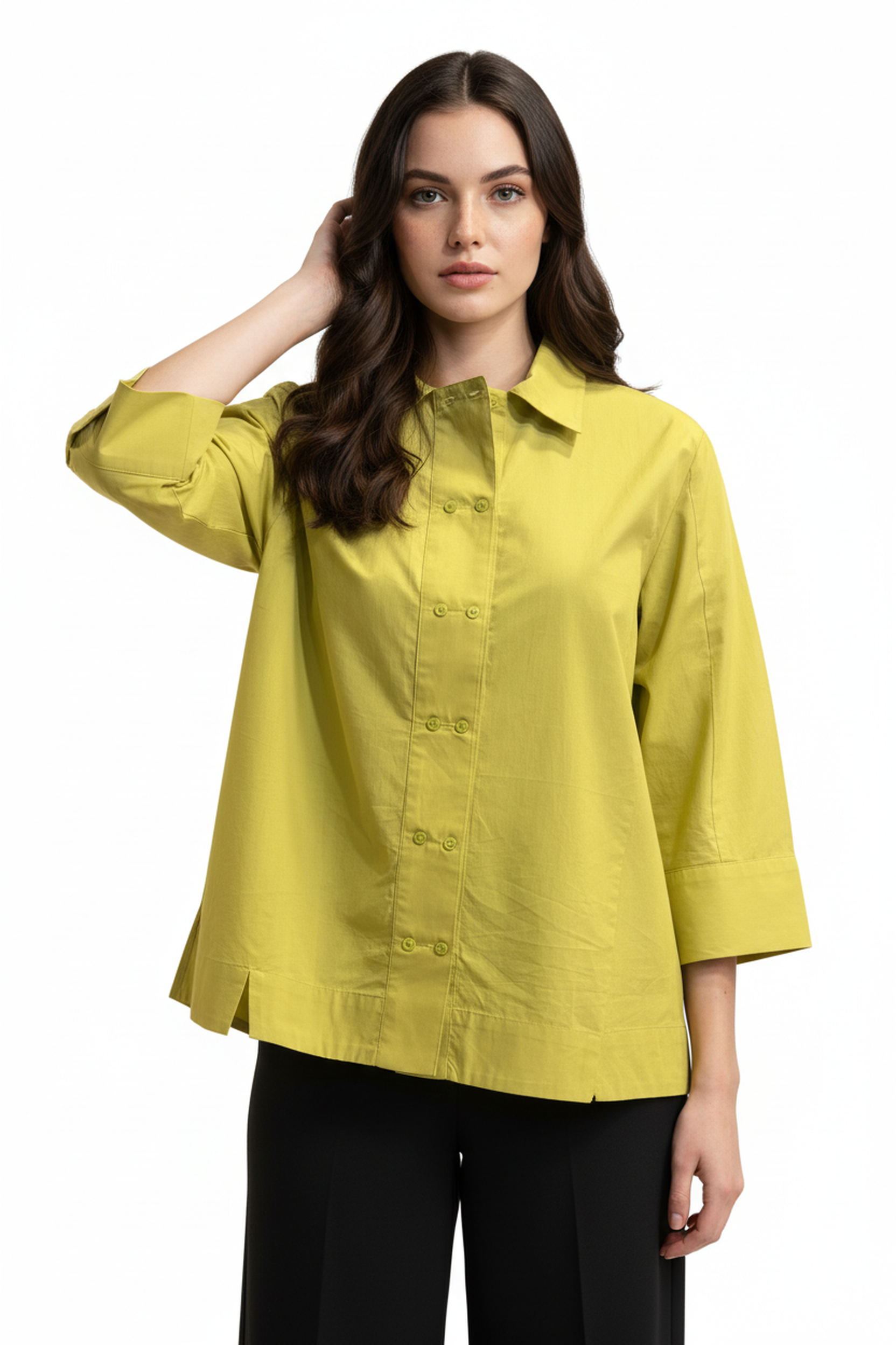 Women’s Olive Green A-Line Button-Down Shirt – 3/4 Sleeves, Wide Hemline, Structured Cotton Top
