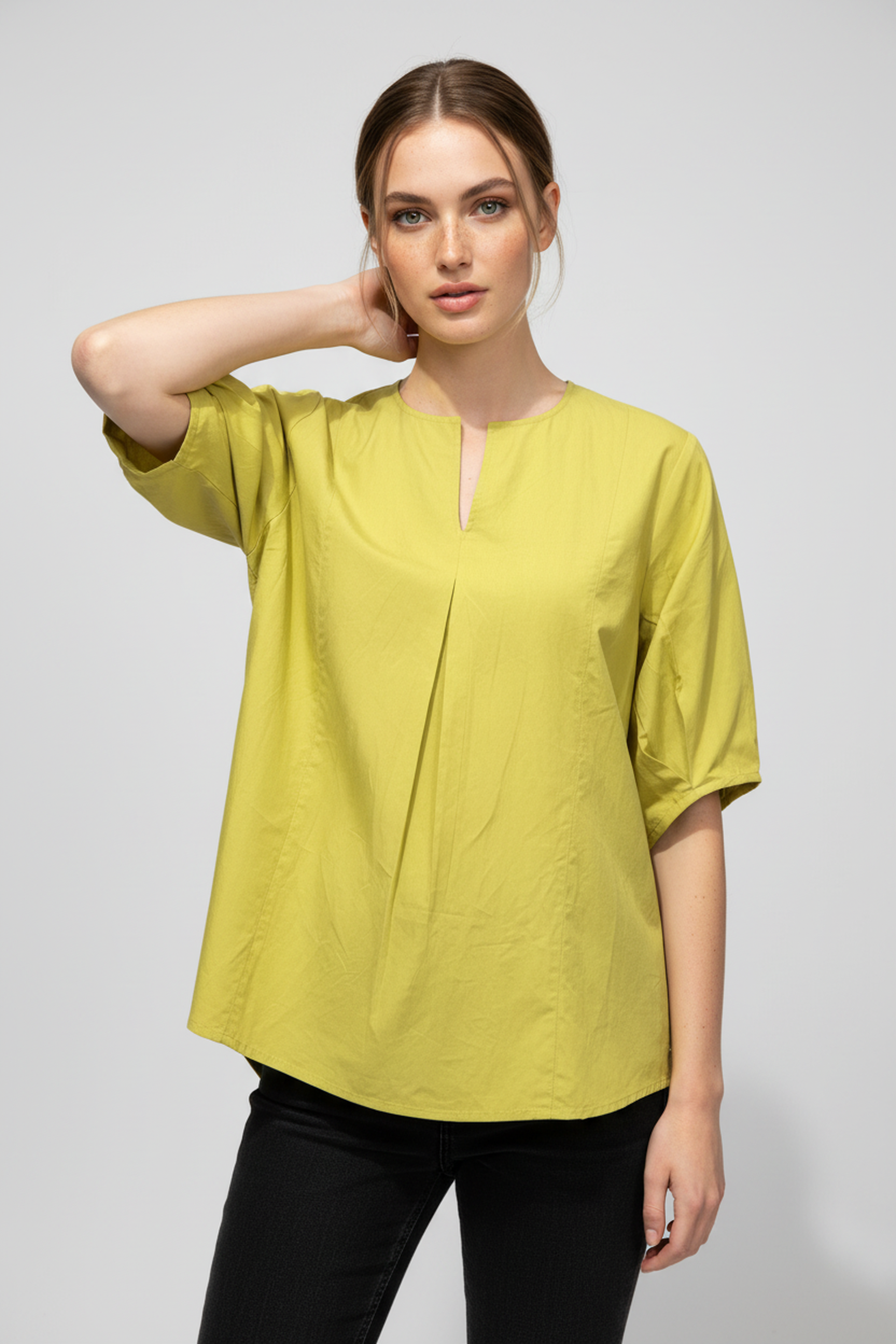 Women’s Olive Green V-Neck Relaxed Fit Top – Soft Cotton Blend, Half Sleeves, Front Pleat Detail