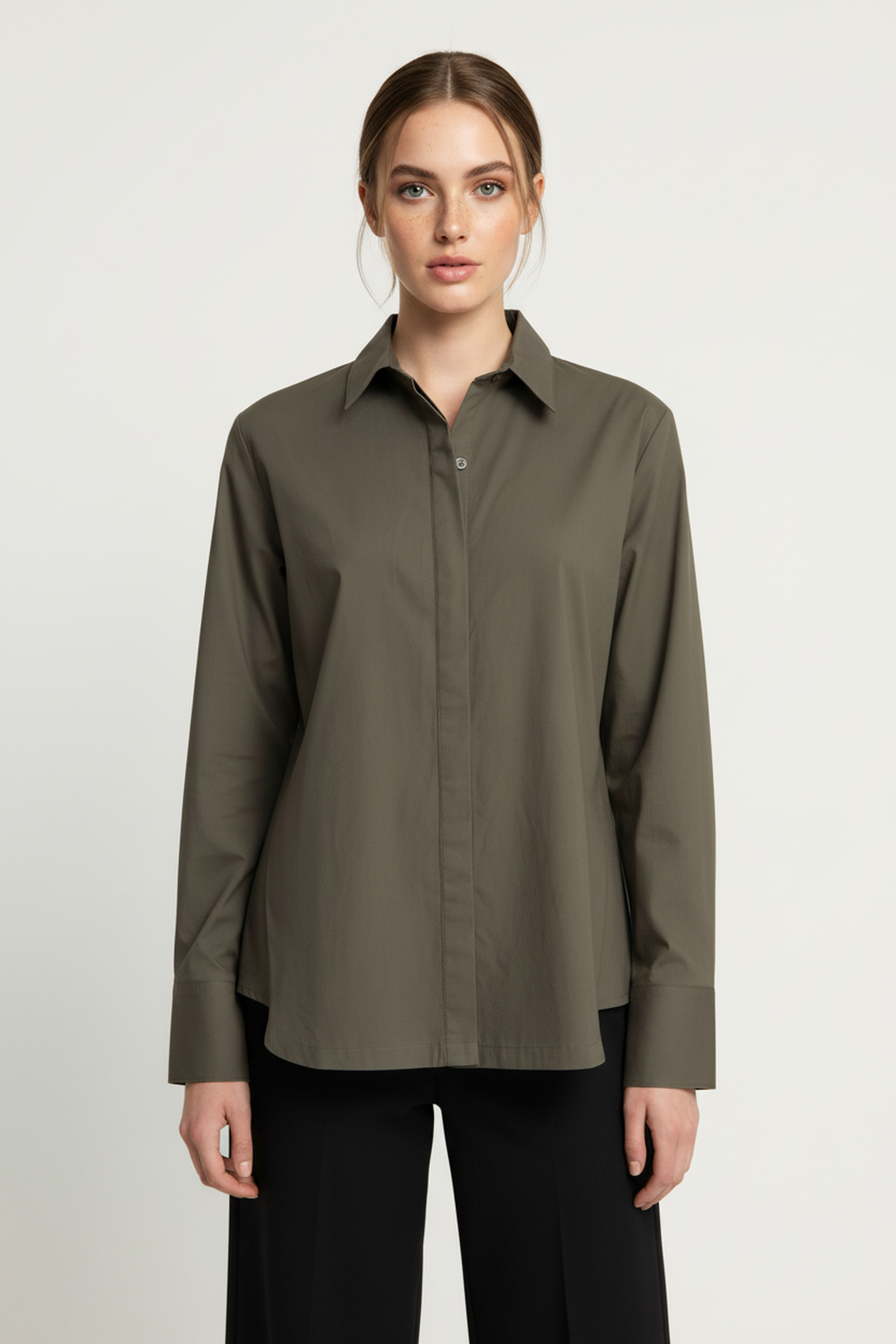 Women’s Grey Cotton Poplin Oversized Shirt – Minimal Concealed Placket, Full Sleeves, Relaxed Fit