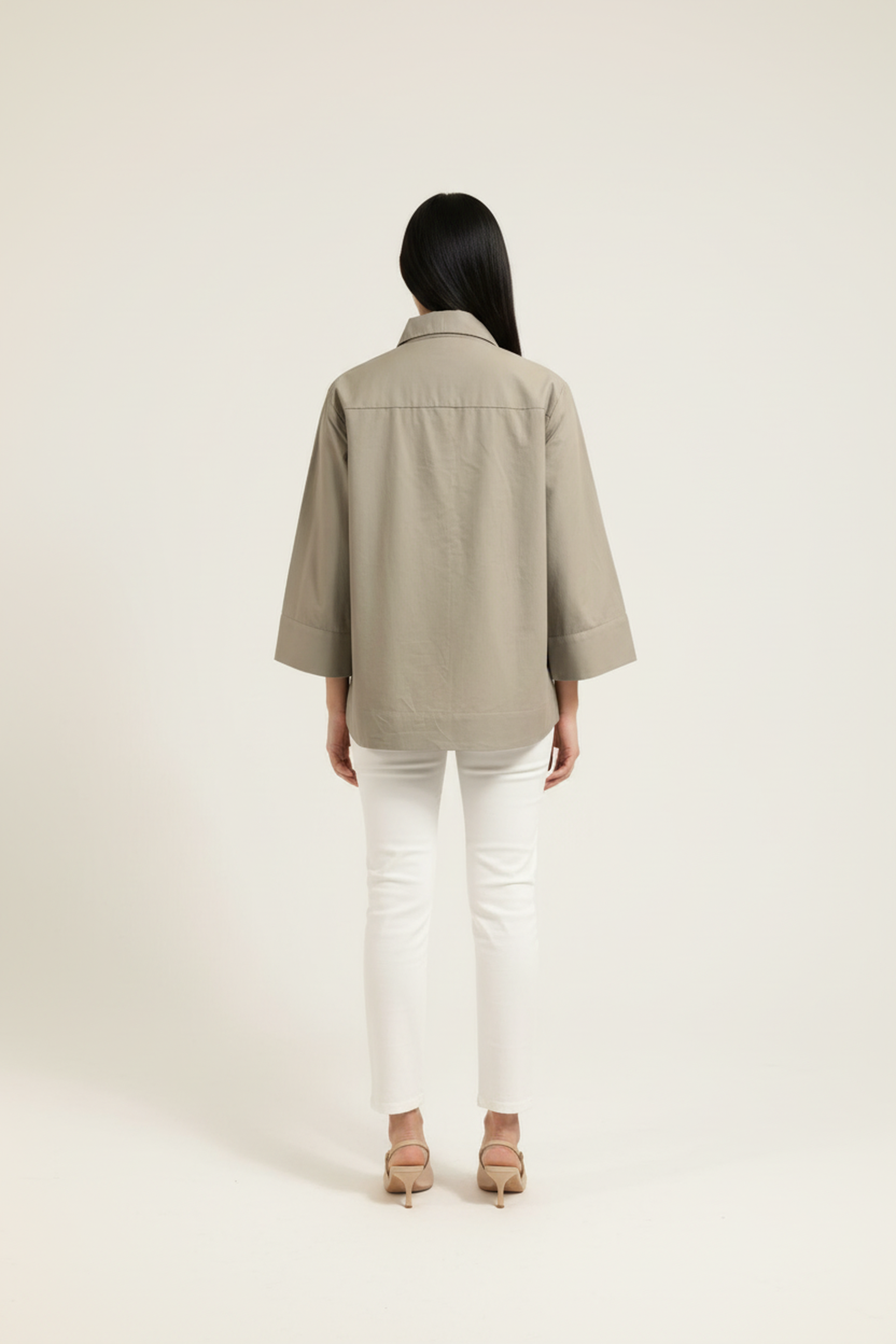 Women’s Grey A-Line Button-Down Shirt – 3/4 Sleeves, Wide Hemline, Structured Cotton Top