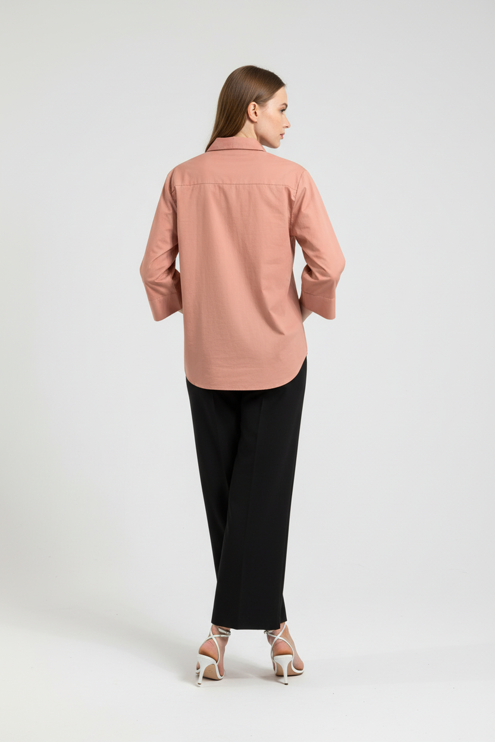 Women’s Peach A-Line Button-Down Shirt – 3/4 Sleeves, Wide Hemline, Structured Cotton Top