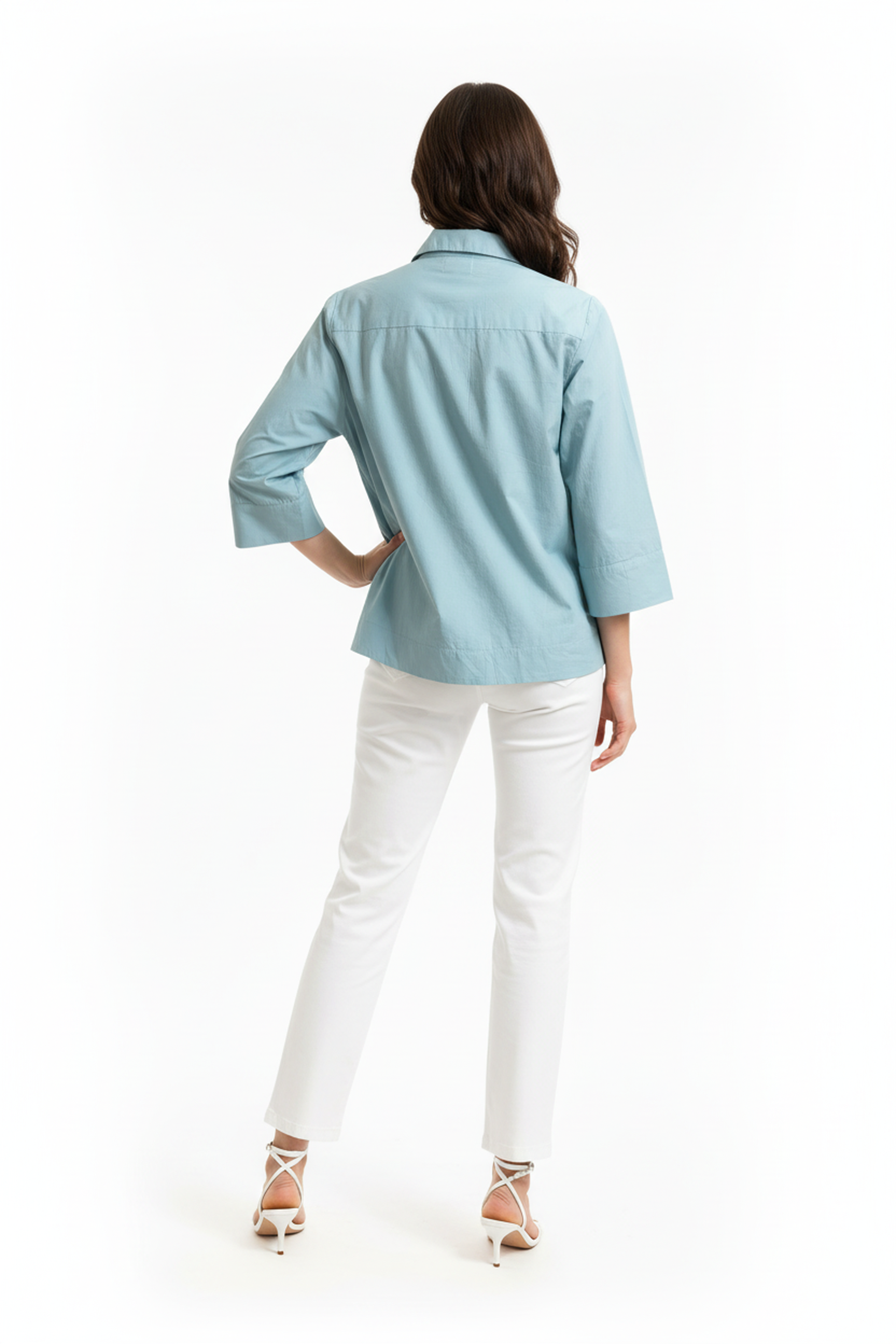 Women’s Sage Green A-Line Button-Down Shirt – 3/4 Sleeves, Wide Hemline, Structured Cotton Top