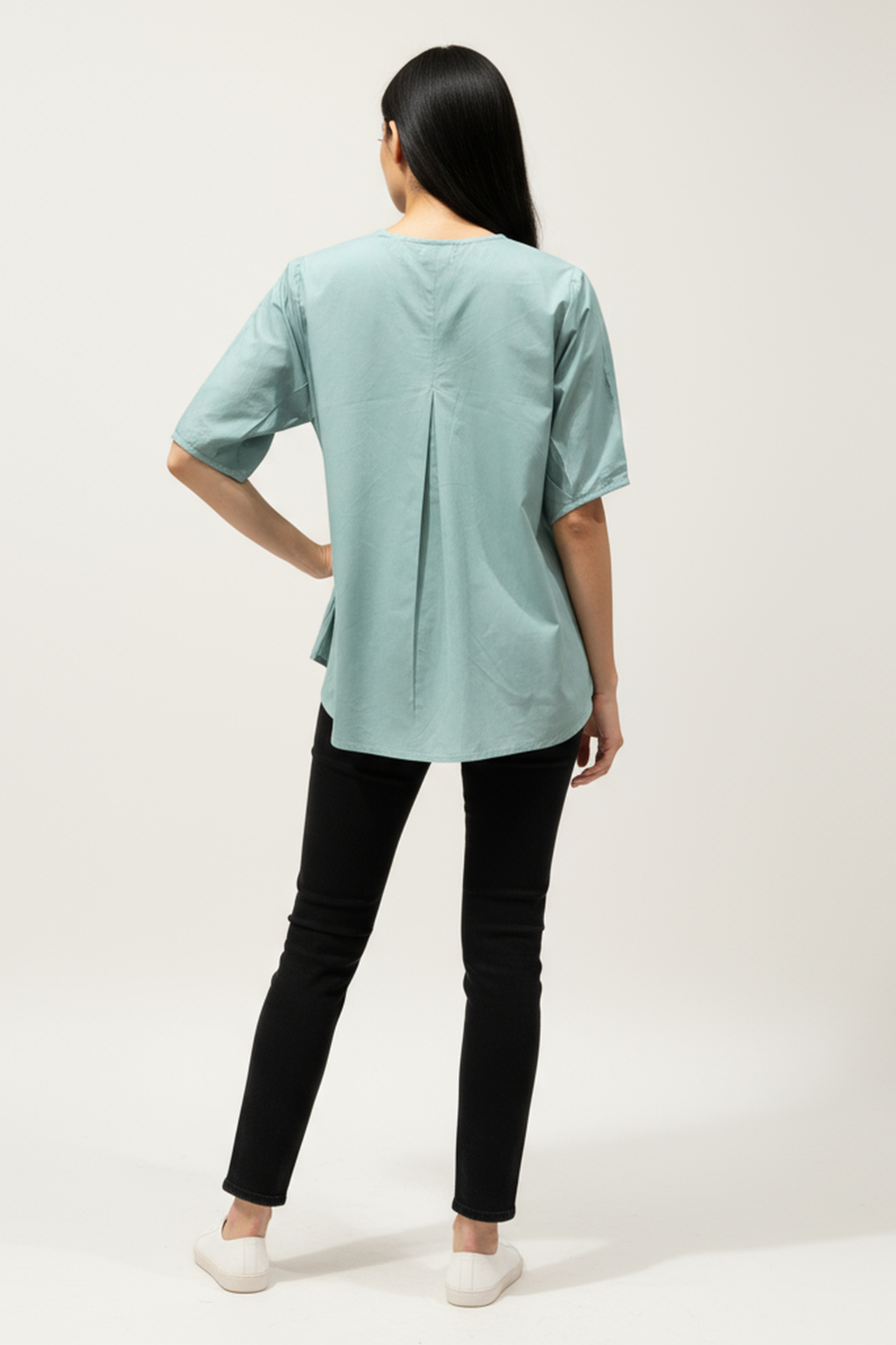 Women’s Mint Green V-Slit Neck Cotton Top – Half Sleeves, Longline Relaxed Fit, Front Pleat Design
