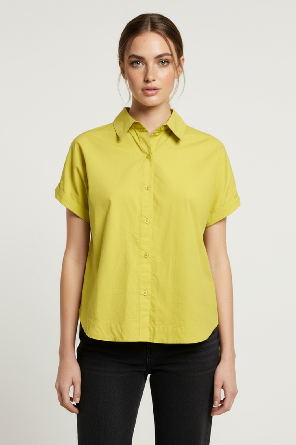 Women’s Lime Green Short-Sleeve Cotton Shirt – Button-Down, Relaxed Fit, Casual Summer Top