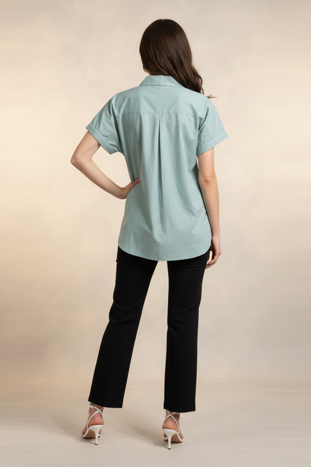 Women’s Sage Green Short-Sleeve Cotton Shirt – Button-Down, Relaxed Fit, Casual Summer Top