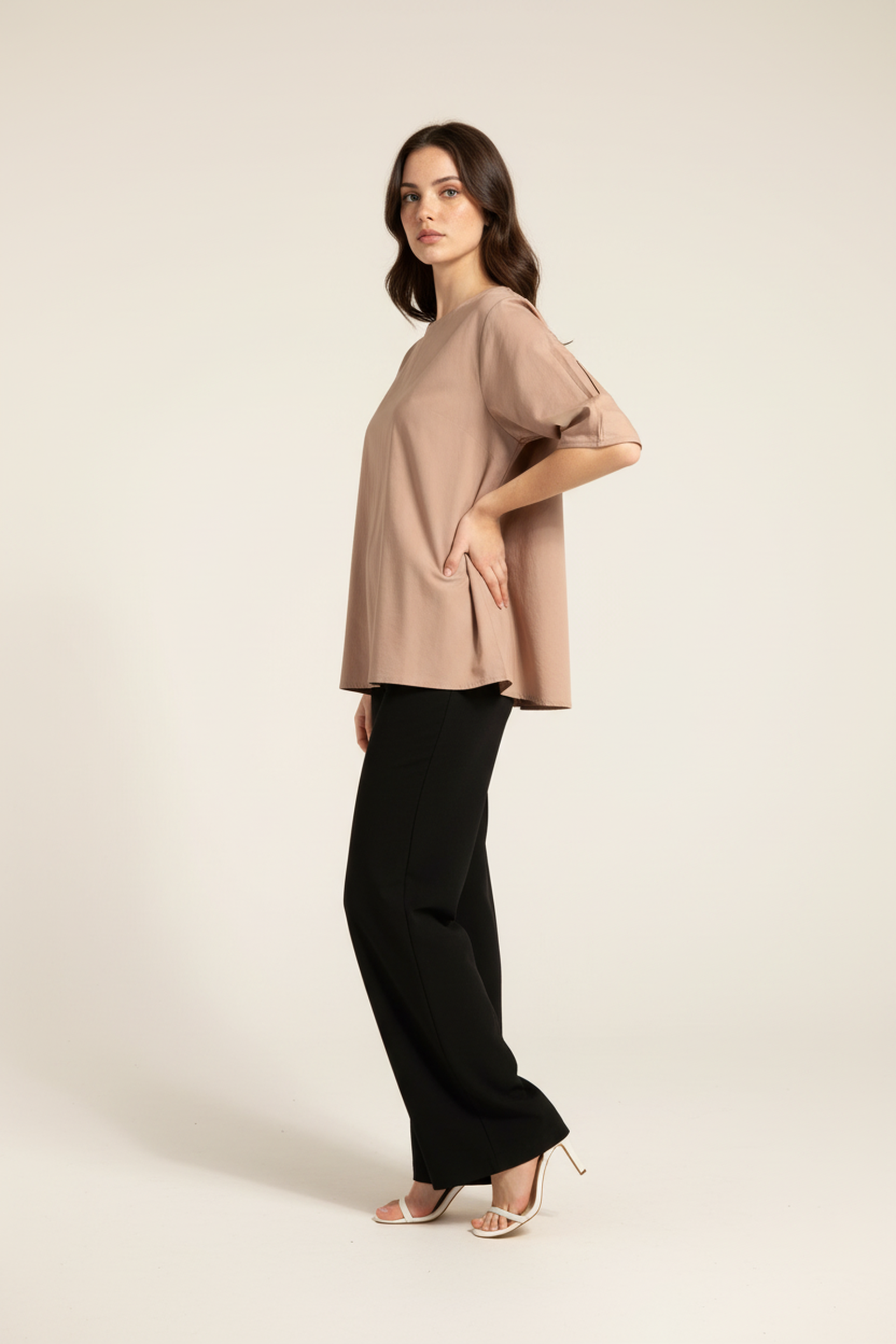 Women’s Beige V-Neck Relaxed Fit Top – Soft Cotton Blend, Half Sleeves, Front Pleat Detail