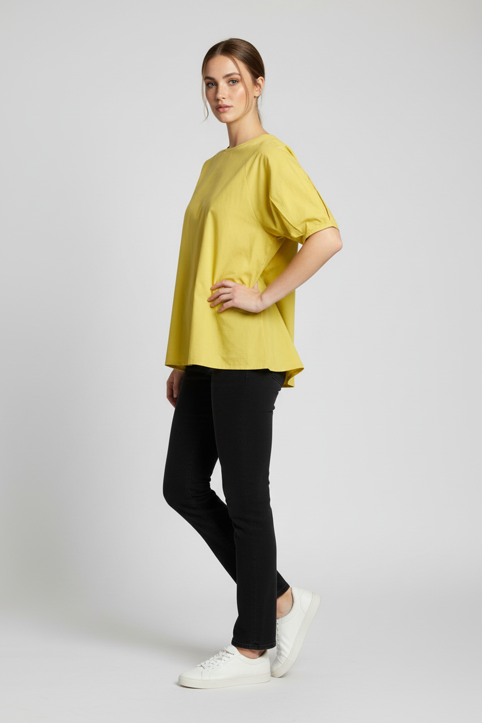 Women’s Olive Green V-Neck Relaxed Fit Top – Soft Cotton Blend, Half Sleeves, Front Pleat Detail