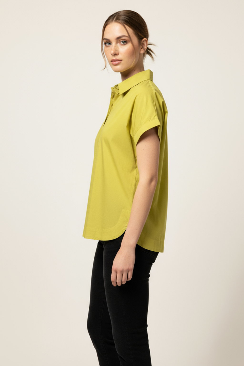 Women’s Lime Green Short-Sleeve Cotton Shirt – Button-Down, Relaxed Fit, Casual Summer Top