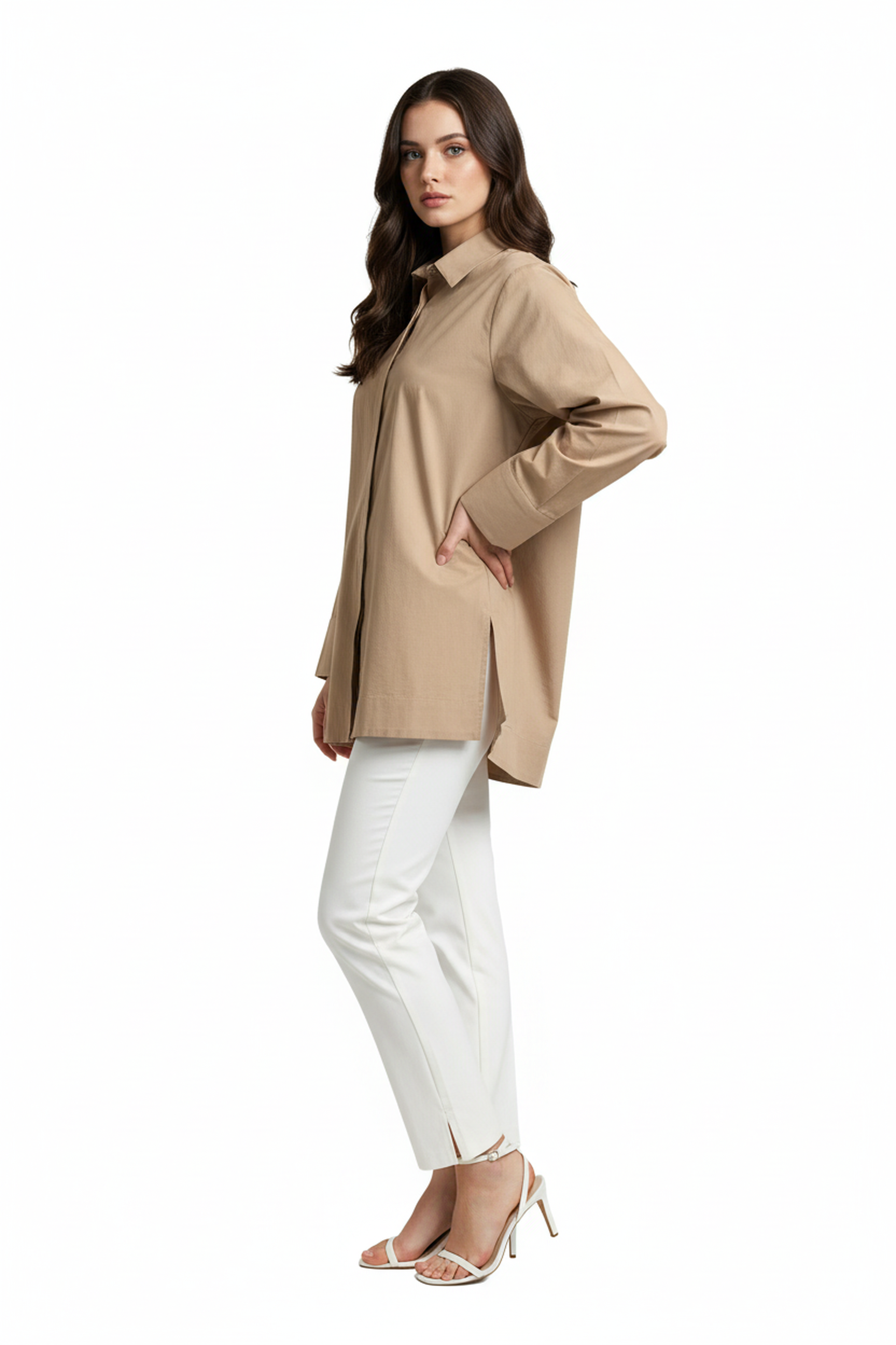 Women’s Beige A-Line Button-Down Shirt – 3/4 Sleeves, Wide Hemline, Structured Cotton Top