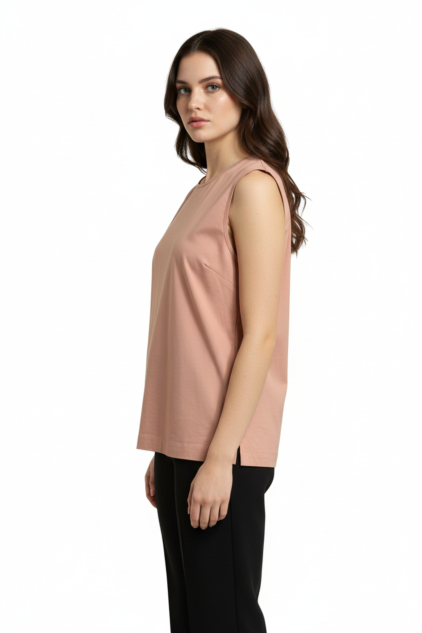 Women’s Peach Sleeveless Structured Cotton Top – Round Neck, Minimal Chic, Straight Hem