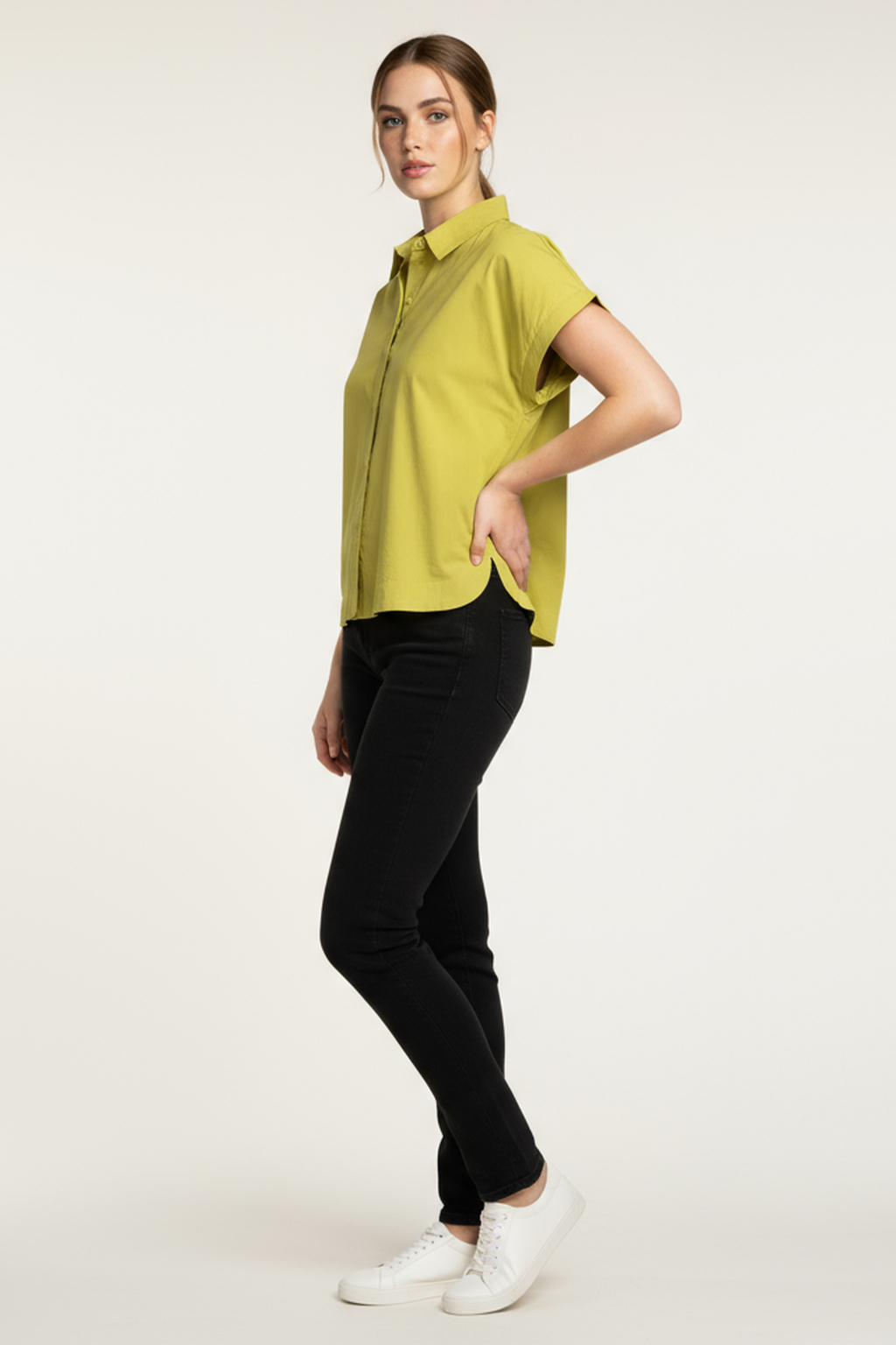 Women’s Lime Green Short-Sleeve Cotton Shirt – Button-Down, Relaxed Fit, Casual Summer Top