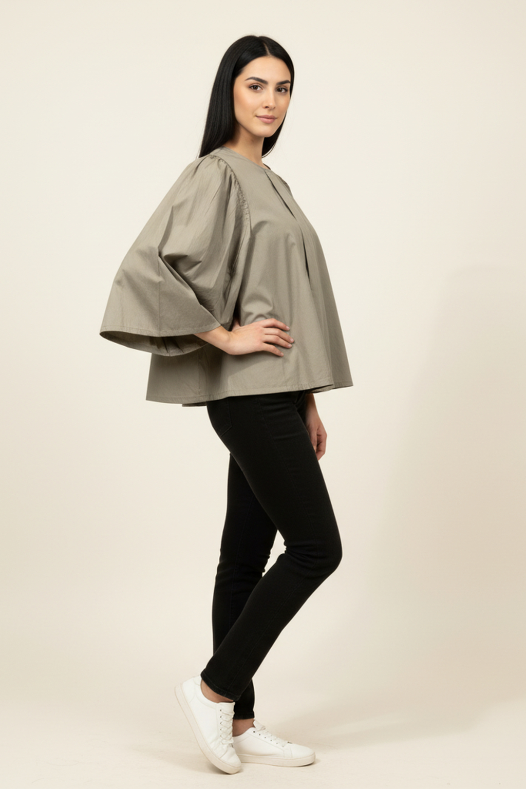 Women’s Olive Grey Bell-Sleeve Cotton Top – Gathered Shoulder Detail, Round Neck, Casual Chic Fit