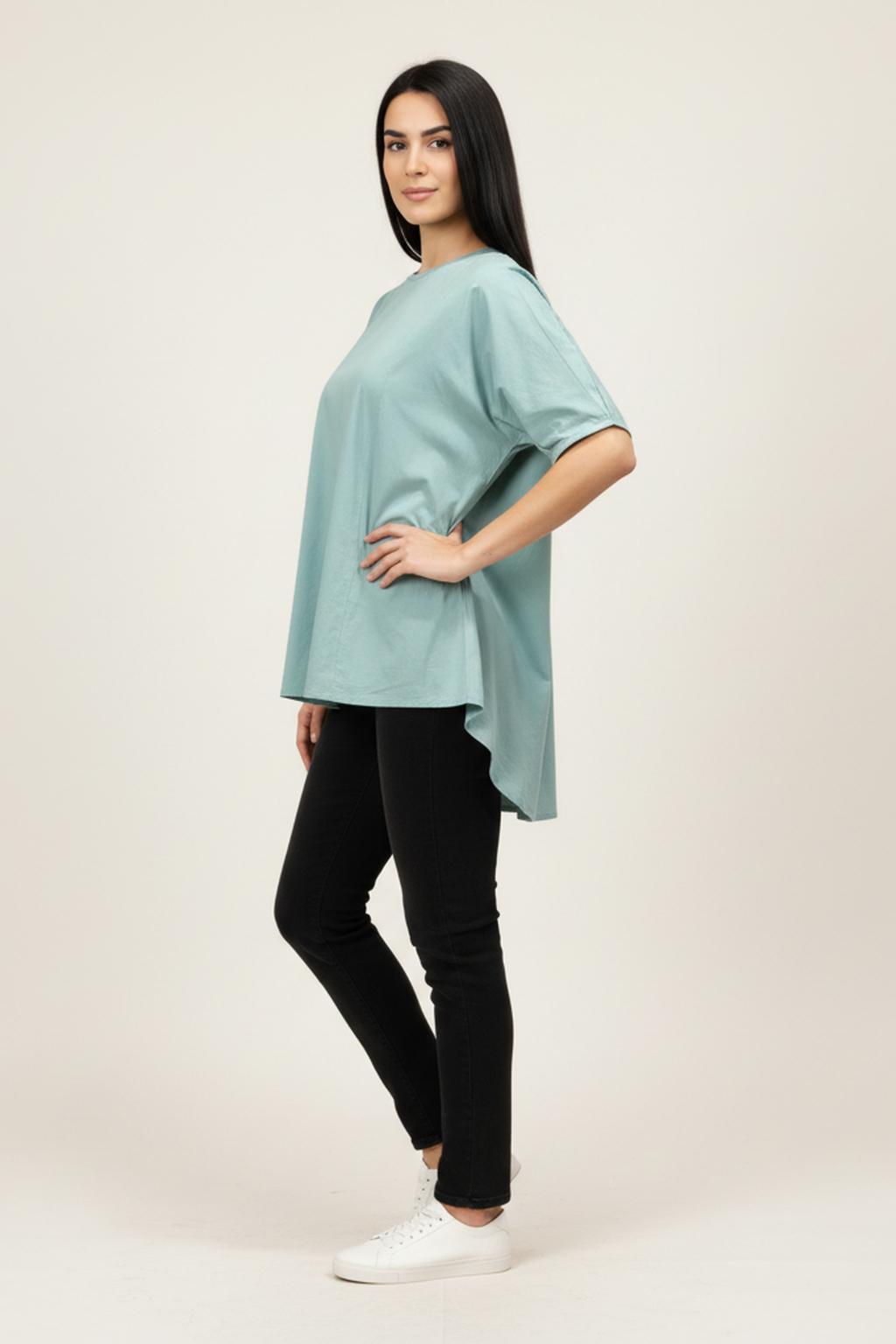 Women’s Mint Green V-Slit Neck Cotton Top – Half Sleeves, Longline Relaxed Fit, Front Pleat Design