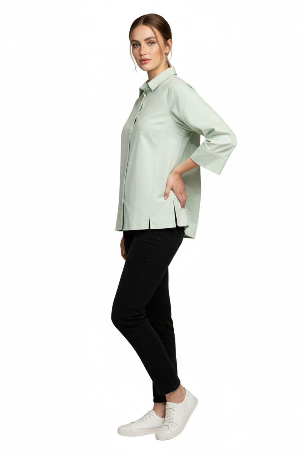Women’s Mint Green A-Line Button-Down Shirt – 3/4 Sleeves, Wide Hemline, Structured Cotton Top