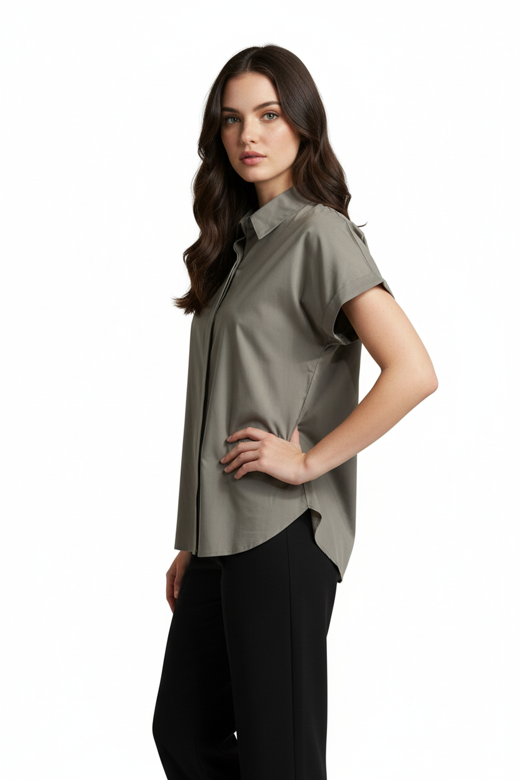 Women’s Grey Short-Sleeve Cotton Shirt – Button-Down, Relaxed Fit, Casual Summer Top