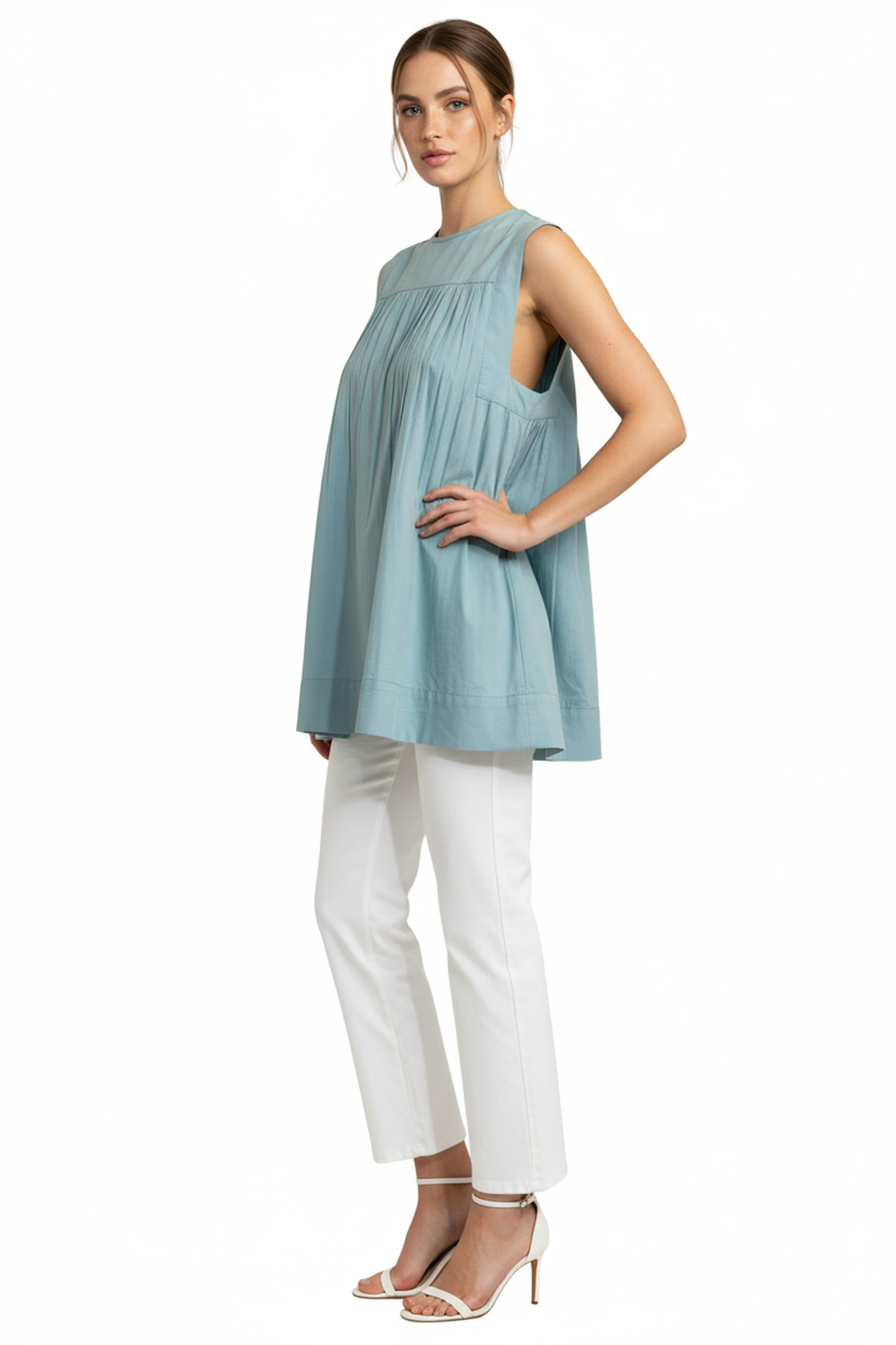 Women’s Sage Green Round Neck Relaxed Fit Top – Soft Cotton Blend, Sleeveless, Front Pleat Detail