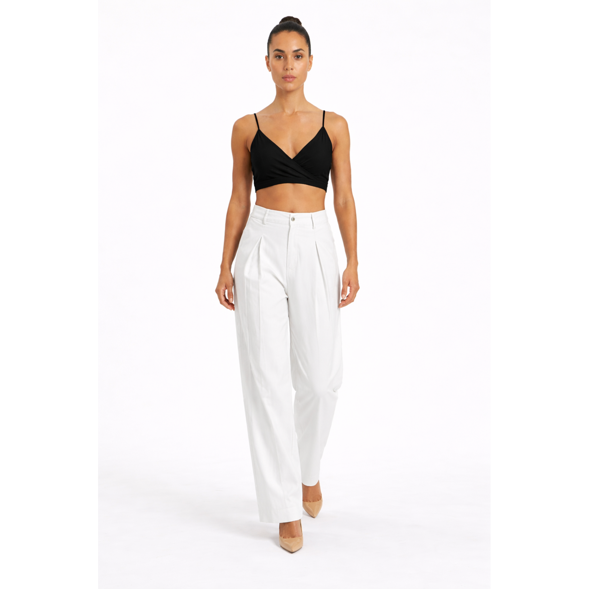 Women White Cotton Poplin Wide Leg Trouser High Waist Straight Fit Pants