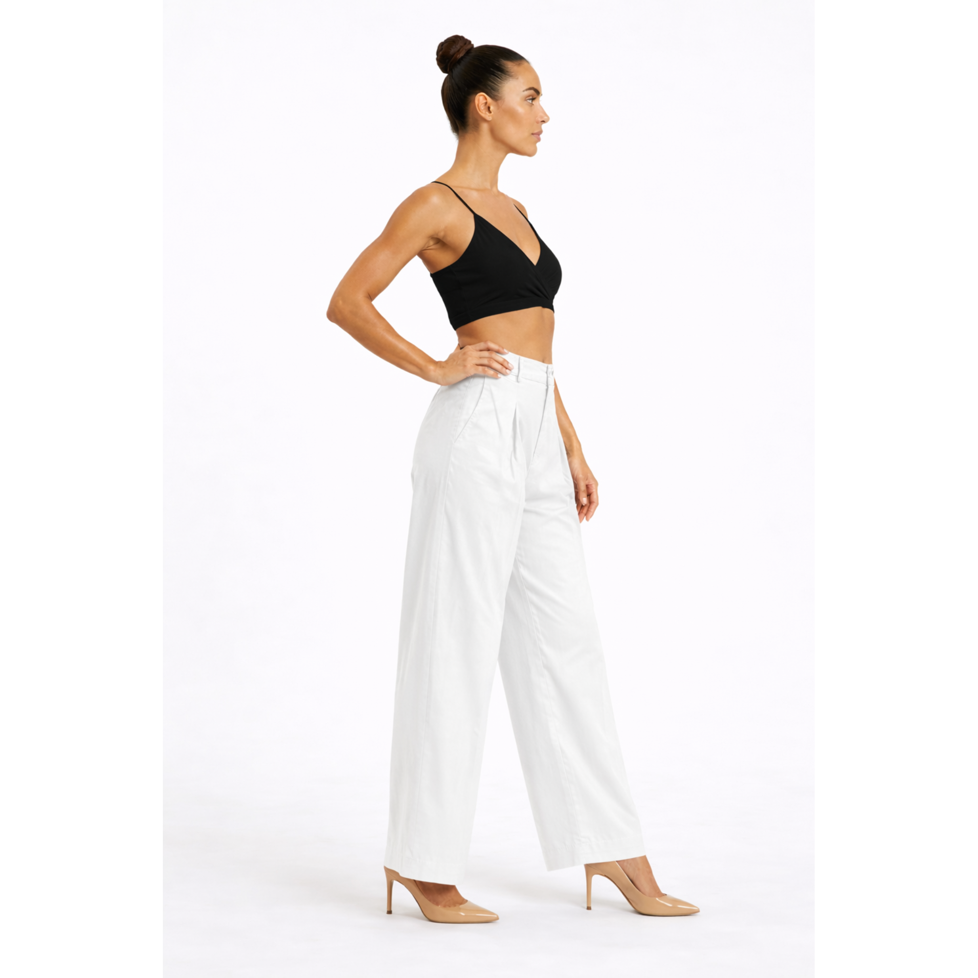Women White Cotton Poplin Wide Leg Trouser High Waist Straight Fit Pants