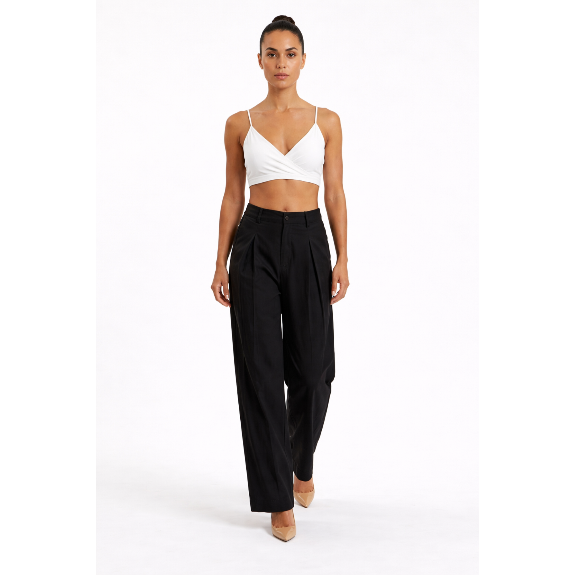 Women Black Cotton Poplin Wide Leg Trouser High Waist Straight Fit Pants