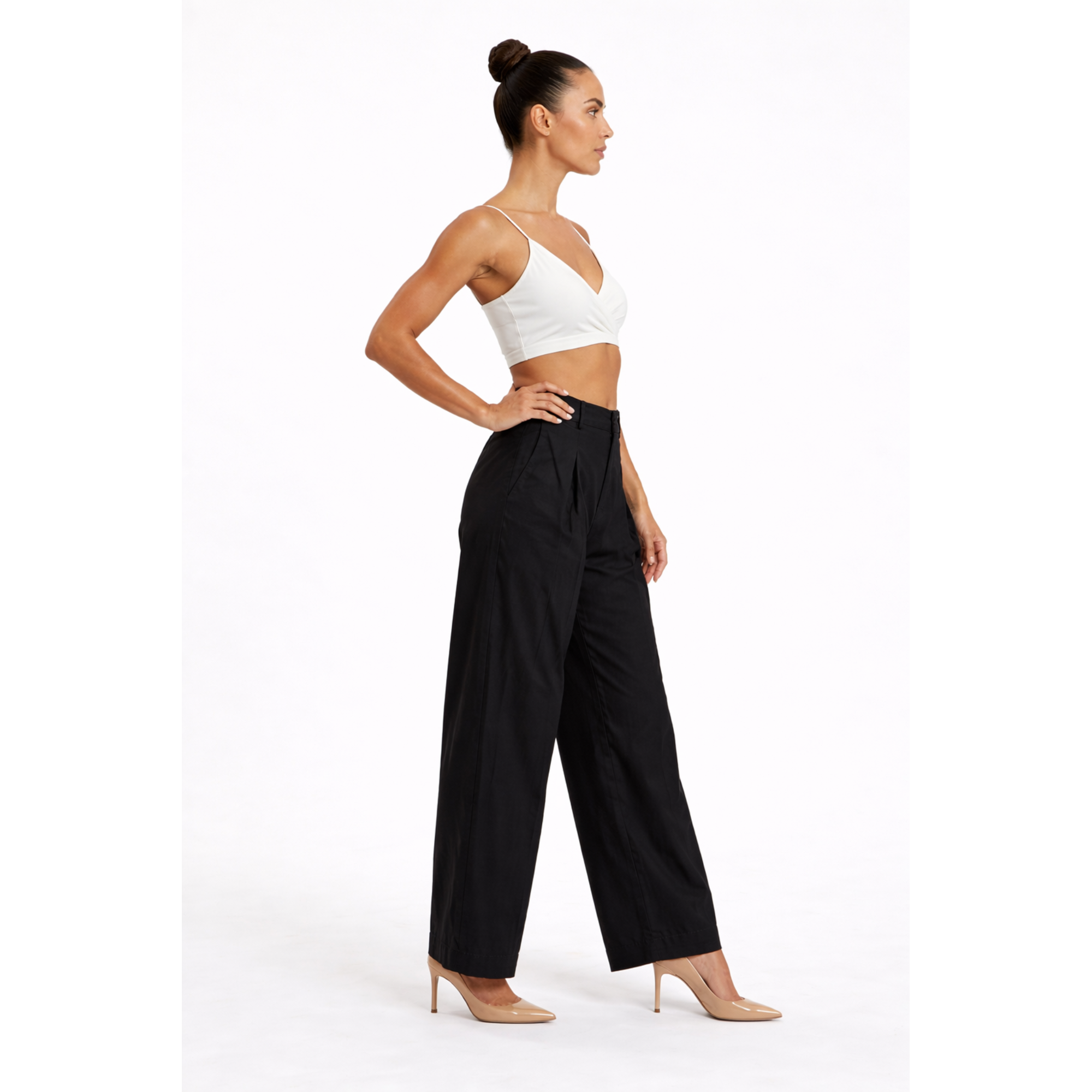 Women Black Cotton Poplin Wide Leg Trouser High Waist Straight Fit Pants