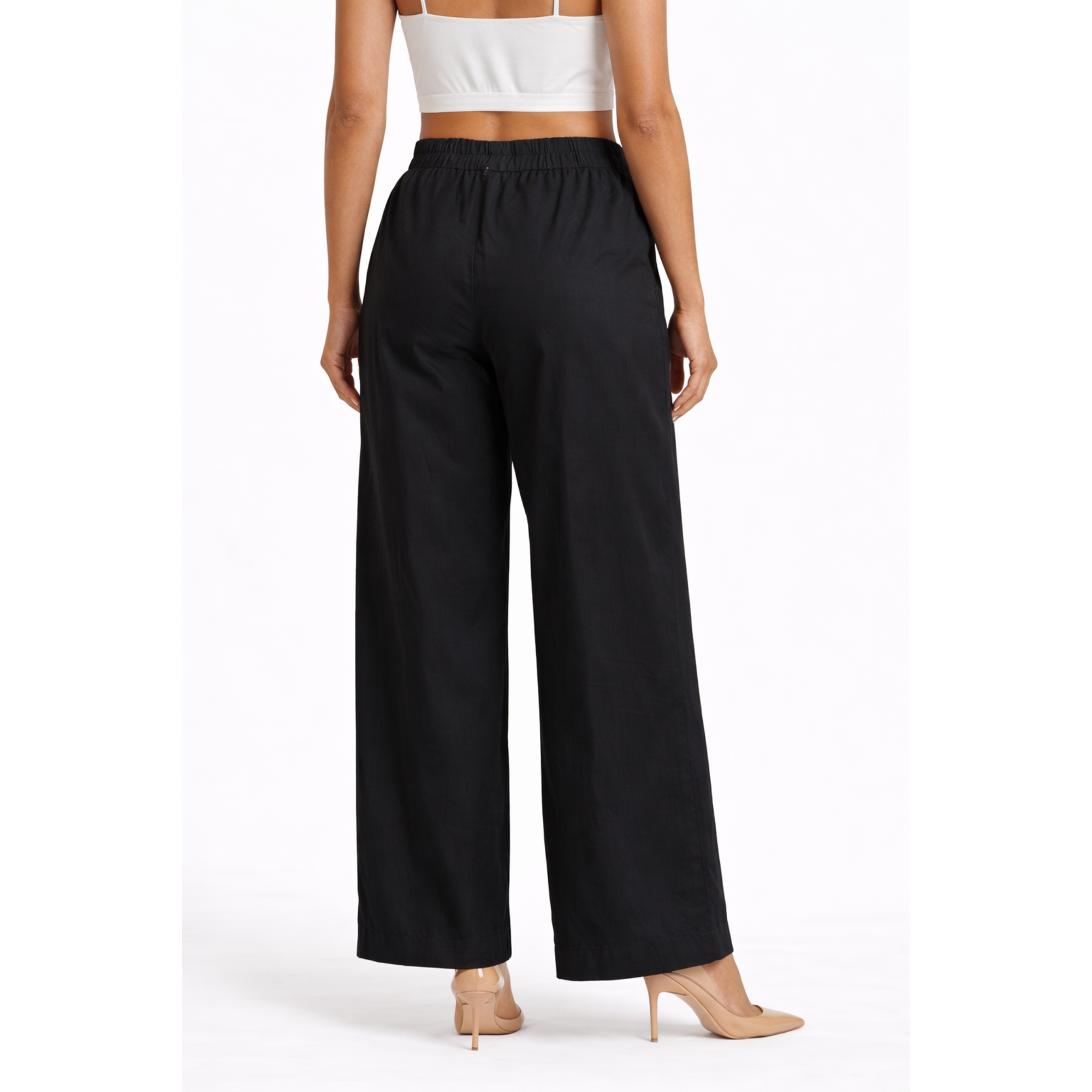 Women Black Cotton Poplin Wide Leg Trouser High Waist Straight Fit Pants