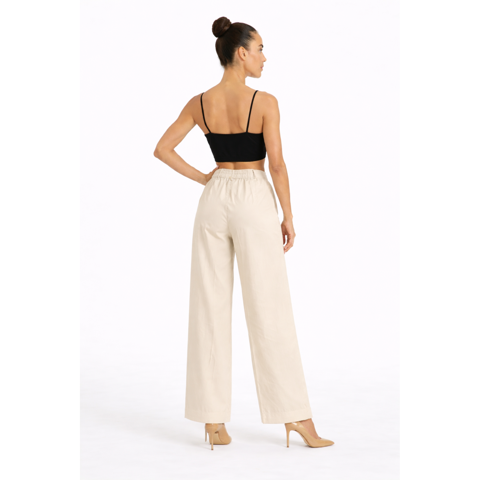 Women Beige Cotton Poplin Wide Leg Trouser High Waist Straight Fit Pants