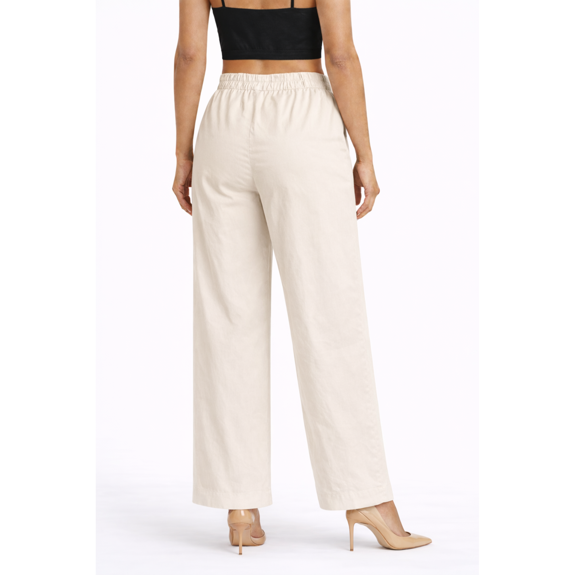 Women Beige Cotton Poplin Wide Leg Trouser High Waist Straight Fit Pants