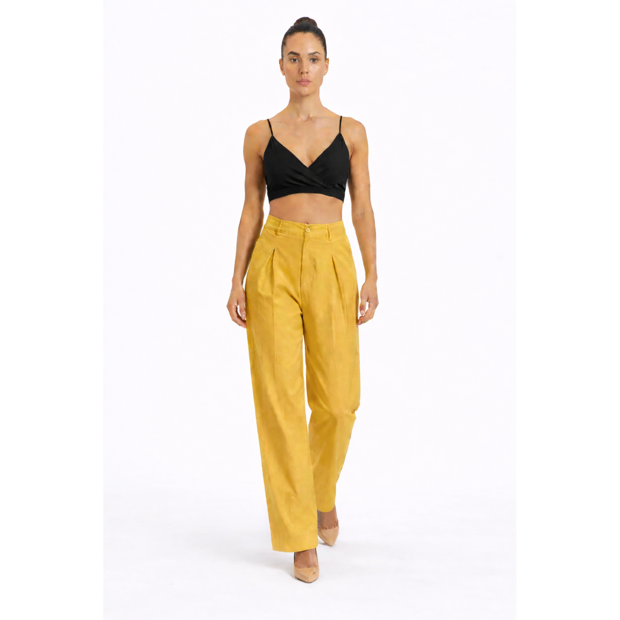 Women Mustard Yellow Cotton Poplin Wide Leg Trouser High Waist Straight Fit Pants