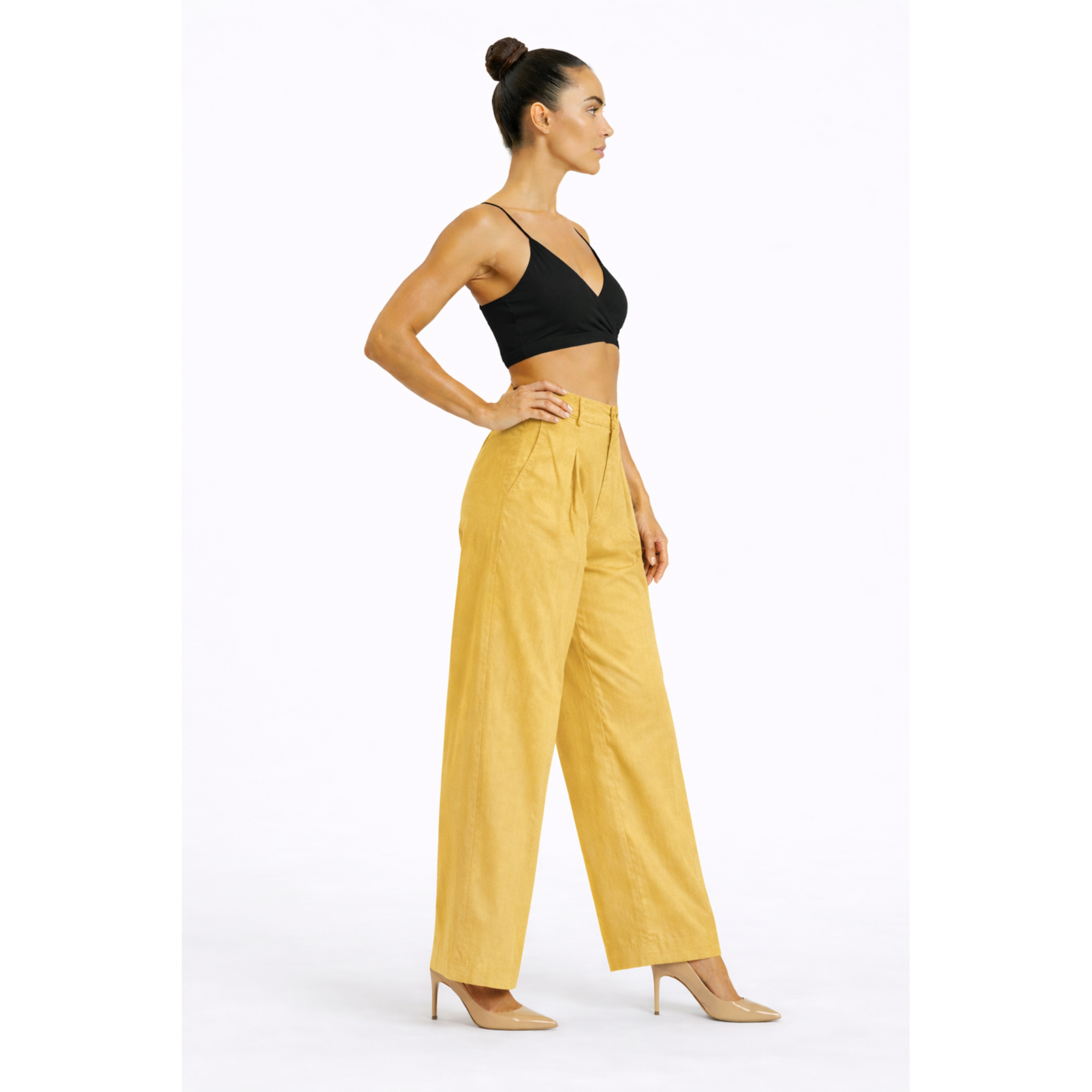 Women Mustard Yellow Cotton Poplin Wide Leg Trouser High Waist Straight Fit Pants
